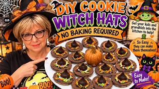 DIY No Bake Cookie Witch Hats. Fun family project for kids and perfect party treat.