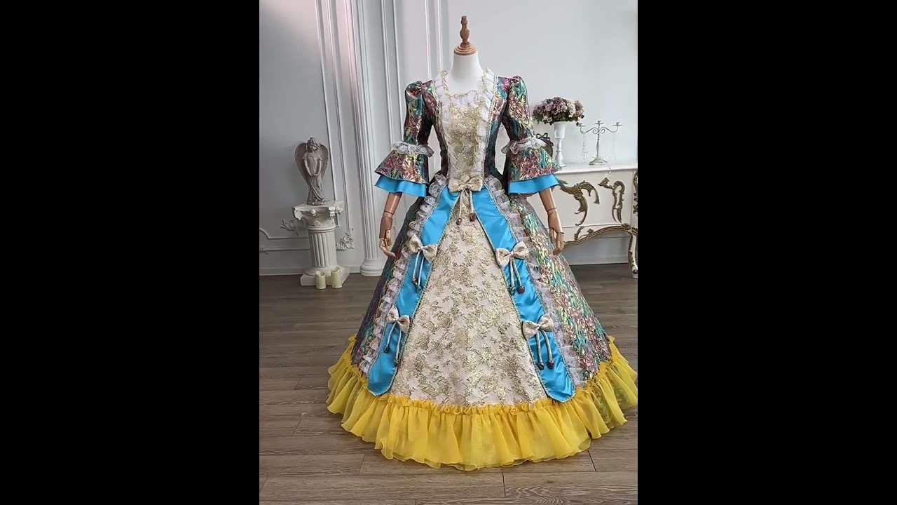 Vintage Blue Floral Brocade Historical Victorian Dress Gold Lace Long Sleeve Floor Length Masquerade Ball Gowns Vintage Blue Floral Brocade Historical Victorian Dress Gold Lace Long Sleeve Floor Length Masquerade Ball Gowns