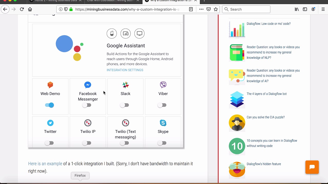 Update Dialogflow Custom Integration vs 1-Click Integration