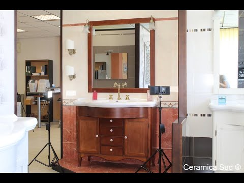 Classic walnut colored bathroom cabinet in real wood and porcelain