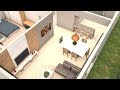 Planta 3D com dois quartos e  Cozinha americana  medindo 60,46 m²