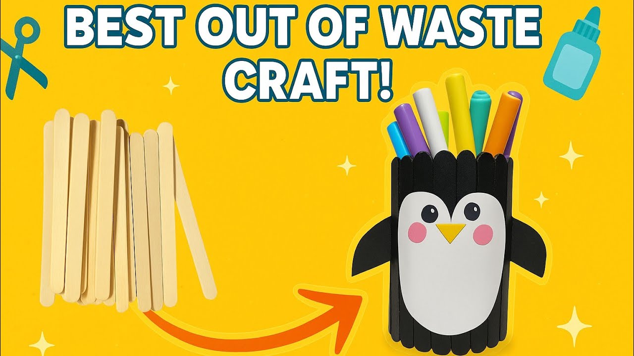 Best out of waste craft 🖊️Penguin Pen stand with Ice cream sticks | Best out of waste Competition