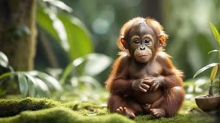 baby orangutan learning to observe water