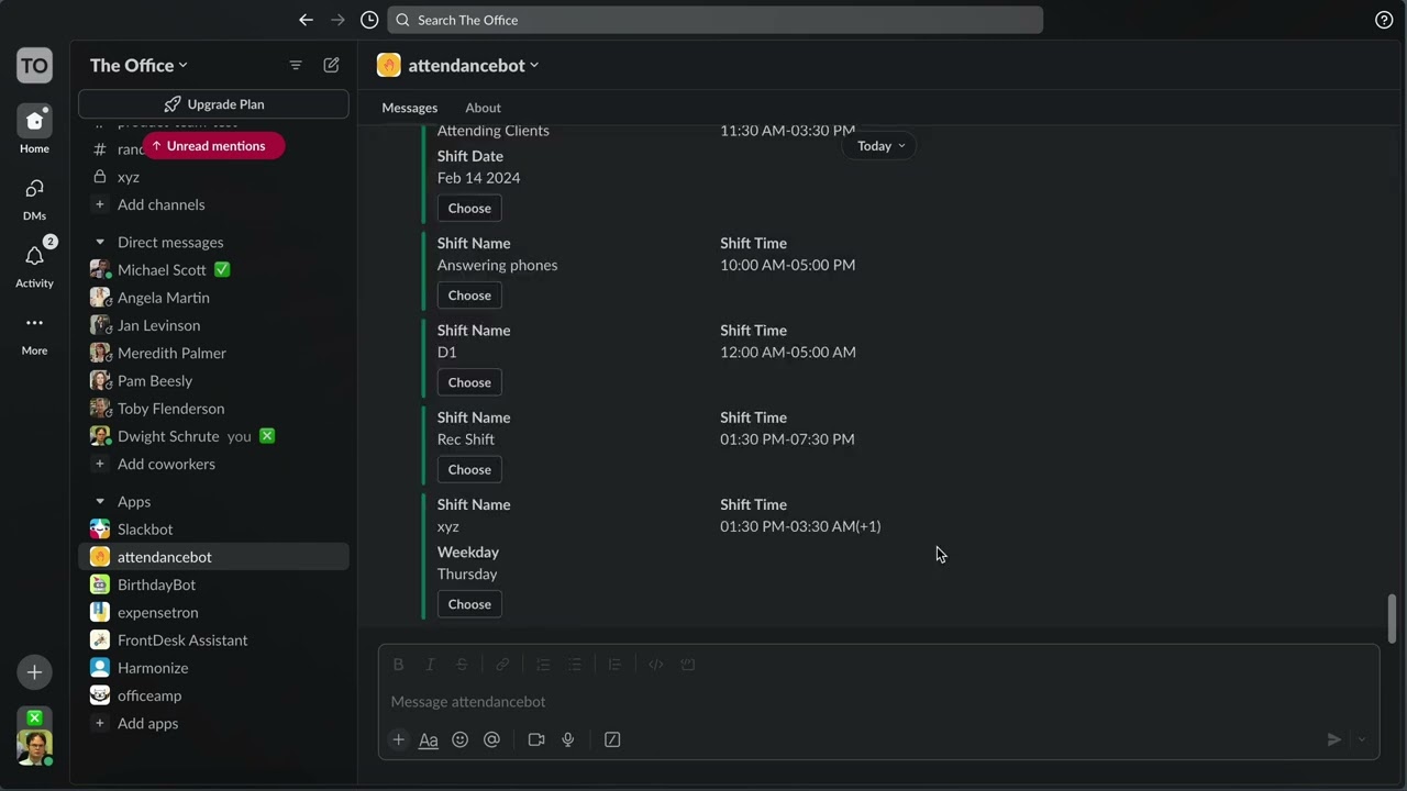 AttendanceBot | managing shifts and schedules in Slack