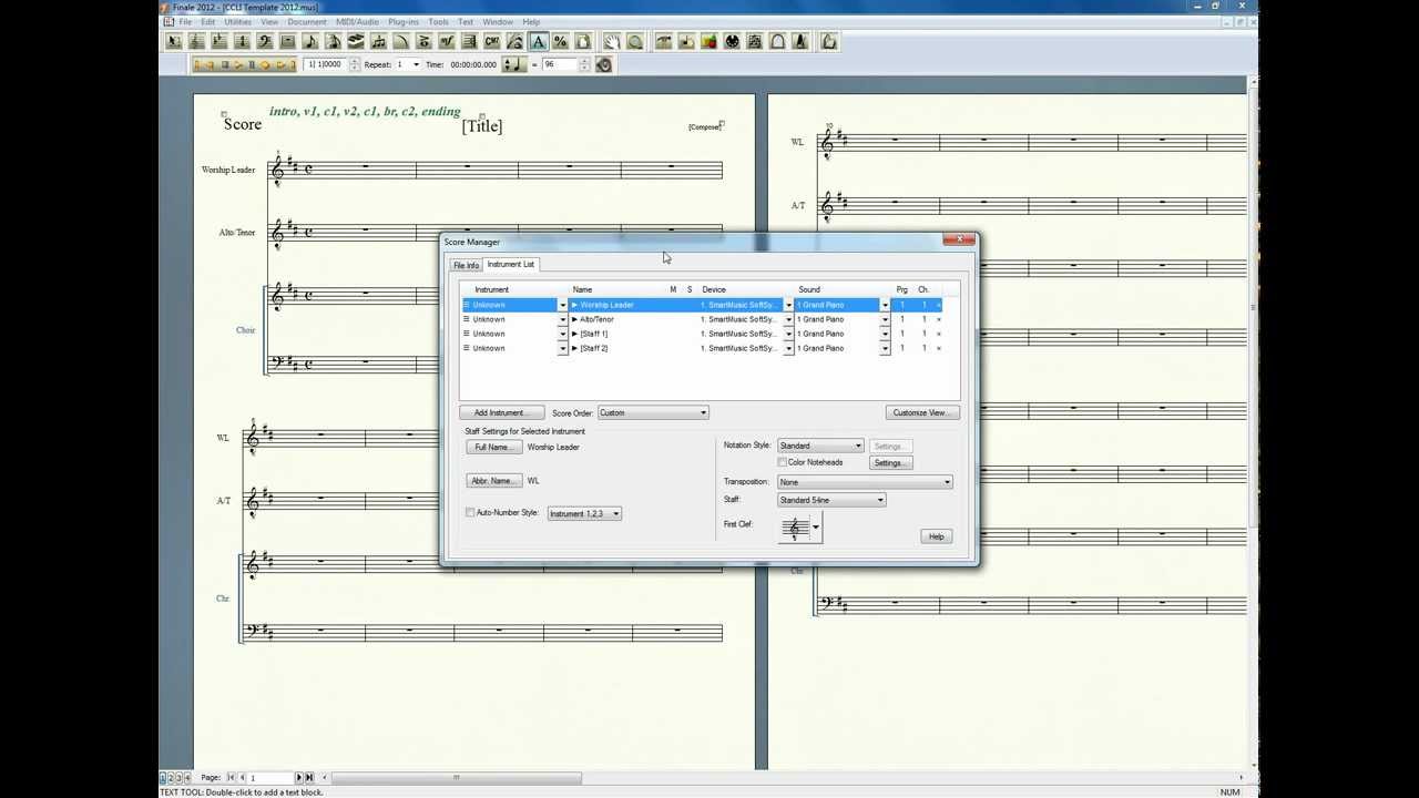 Where is Instrument List in Finale 2012 YouTube