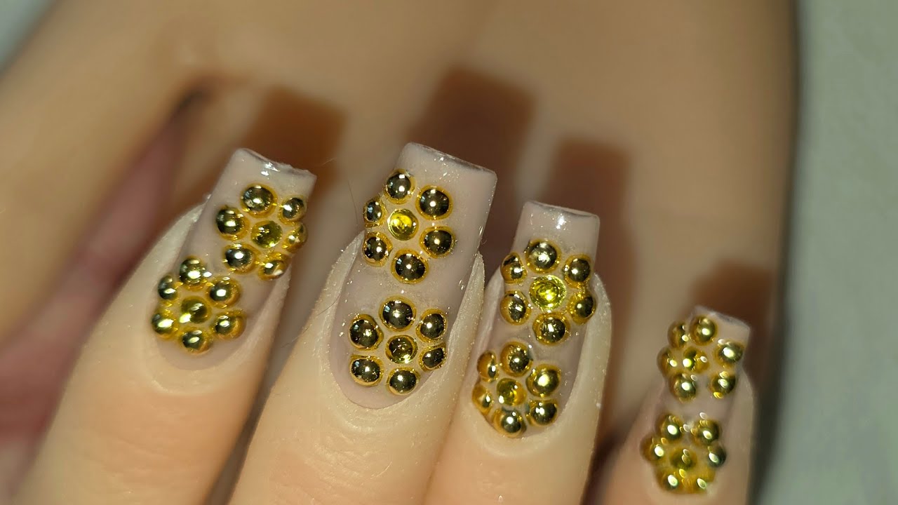 Luxury Nude Nails with 3D Gold Flowers 💛 | Elegant Nail Art Design