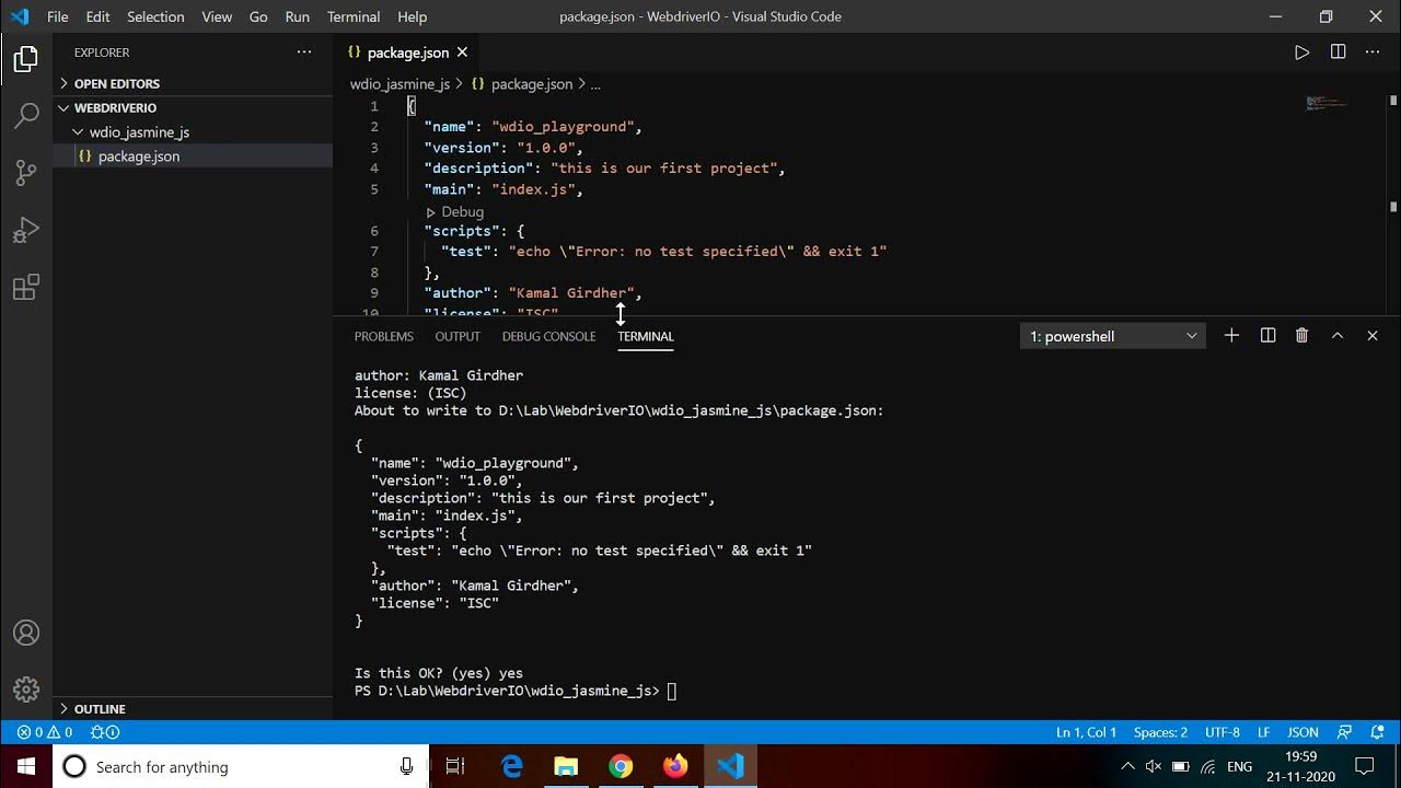 WebdriverIO - Jasmine - Initialize project Package.json - Tutorial 2 ...
