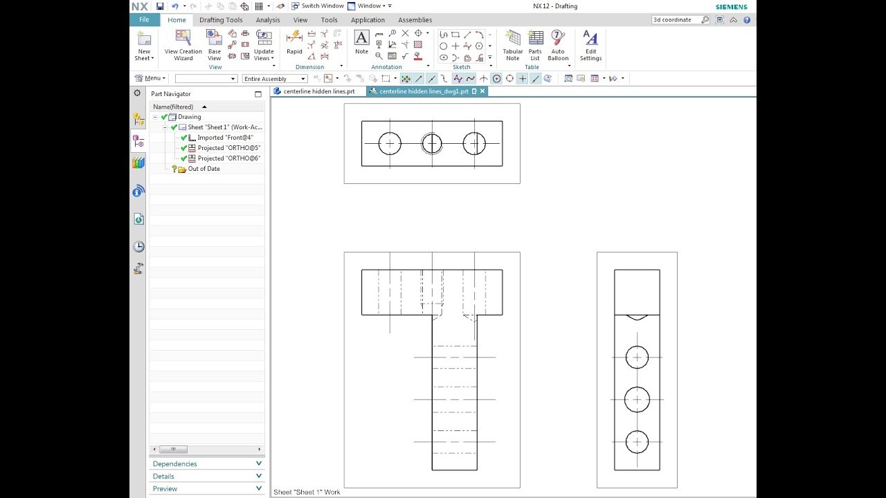 Display Centerlines And Hidden Lines In Drafting Comparing Catia And Nx Commands Youtube
