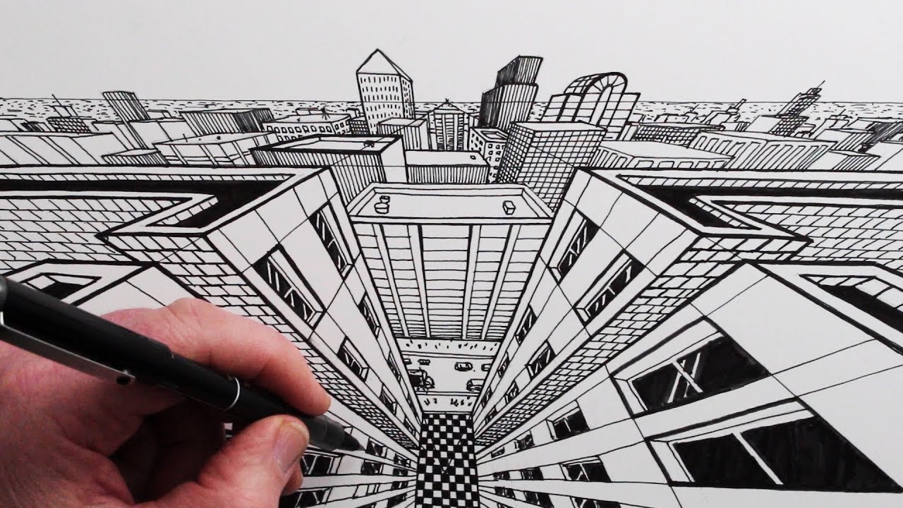 How To Draw A City In 2 Point Perspective Horizon And Down Youtube