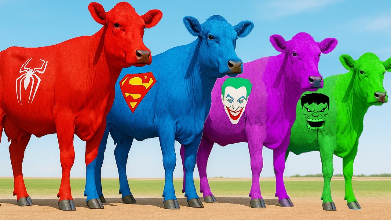Crazy Cow Hero vs Spider Power Team vs Color Beast Squad in a Massive Bridge Invasion Stunt Animals