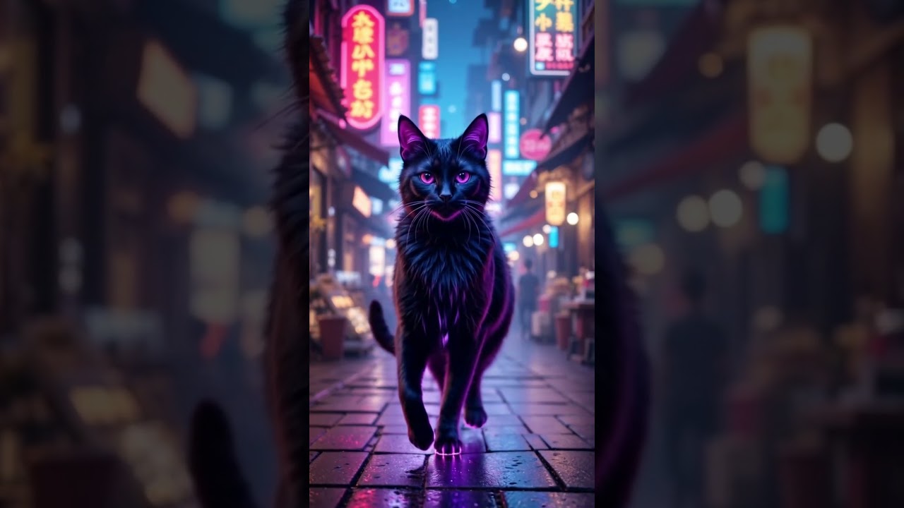 A sleek black cat with glowing neon. 