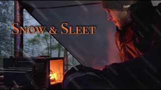 Camping in a SNOWSTORM Overnight Under a Tarp Shelter with Wood Stove