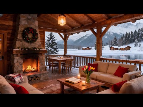 Winter Cabin Ambience: Fireplace Sounds & Snowy Lake for Relax, Study, Sleep