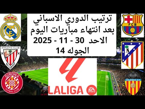 برشلونة لايزال في الصداره ترتيب الدوري الاسباني اليوم بعد انتهاء مباريات الاحد 30 11 2025 الجولة 14