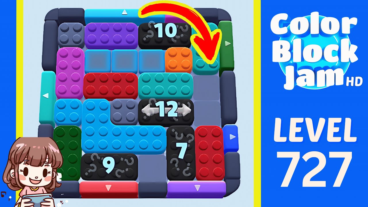 Color Block Jam Level 727 2:15 opening layout with 10, 12, 9, and 7 counters opening frame