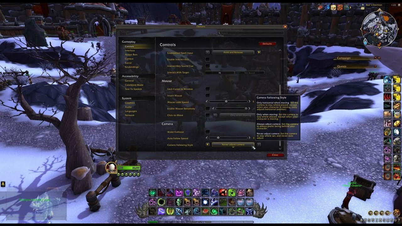 Where to find Never Adjust Camera option, WoW Dragonflight YouTube