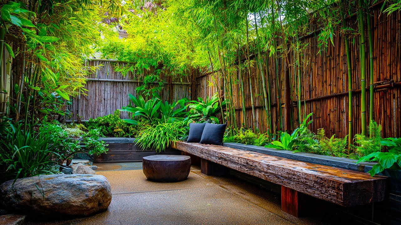 Wabi-Sabi Backyard Garden with Bamboo, Aged Wood & Zen Style