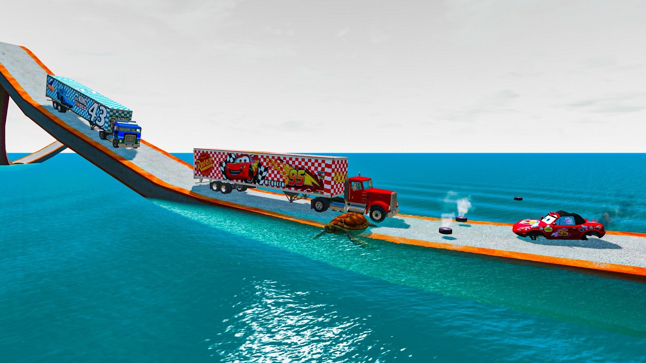 Mack Truck vs King Dinoco Truck vs Impossible Wave Bridge Vs Deep Water   BeamNG.Drive