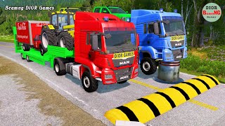 Double Flatbed Trailer Truck cars vs rails tractor vs train cars vs bollards Beamng Drive 412 screenshot 4