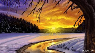 Capturing the Magic of a Sunset on a Frozen Stream: A Relaxing Landscape Painting Demonstration