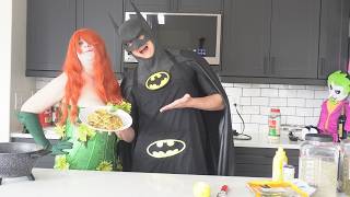 Batman & Poison Ivy Make Mushroom Stuffed Ravioli With a Creamy Chicken Bacon Spinach Sauce
