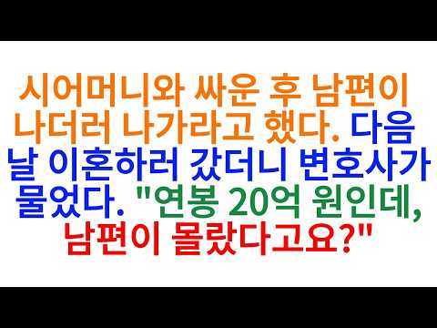 반전신청사연시어머니와 싸운 후 남편이 나더러 나가라고 했다  다음 날 이혼하러 갔더니 변호사가 물었다  '연봉 20억 원인데, 남편이 몰랐다고요