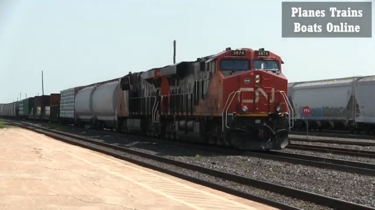 Manifest Train Westbound Through Sarnia With CN 3874 & CN 3908 Locomotive Engines