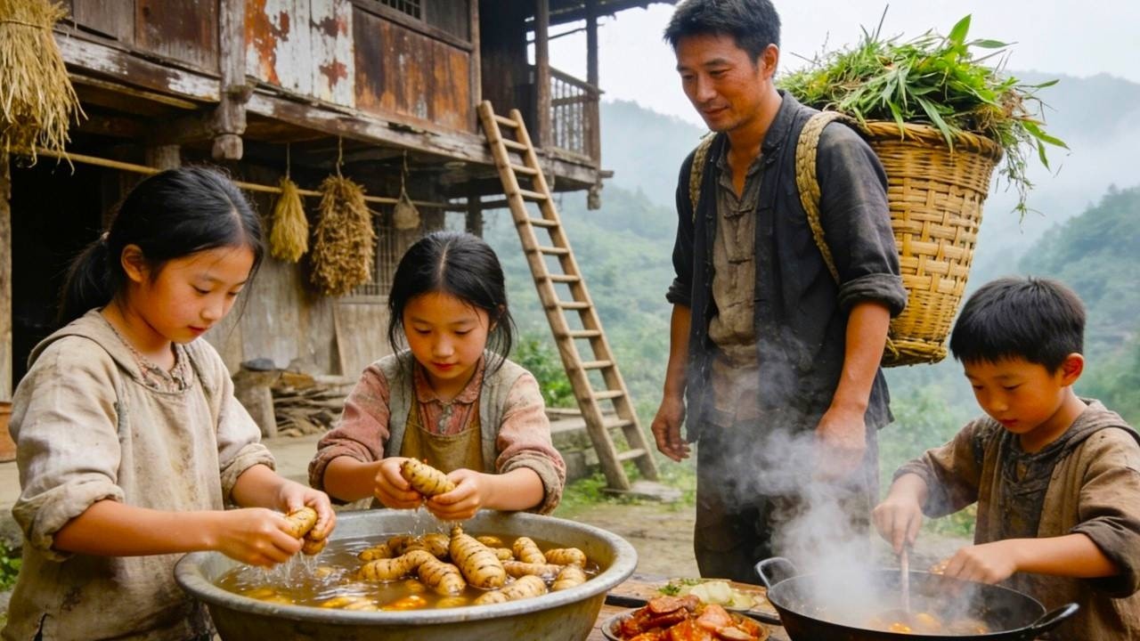 【一家六口隐居深山】 年幼的孩子们为爸爸分担家务，主动把天麻洗干净，还做好饭等爸爸回来！#农村生活 #山区