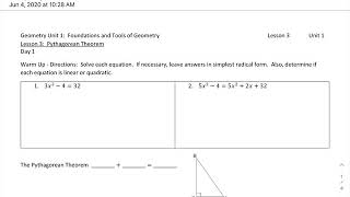 L0 Ex.1-2 Pythagorean Theorem Guided Notes