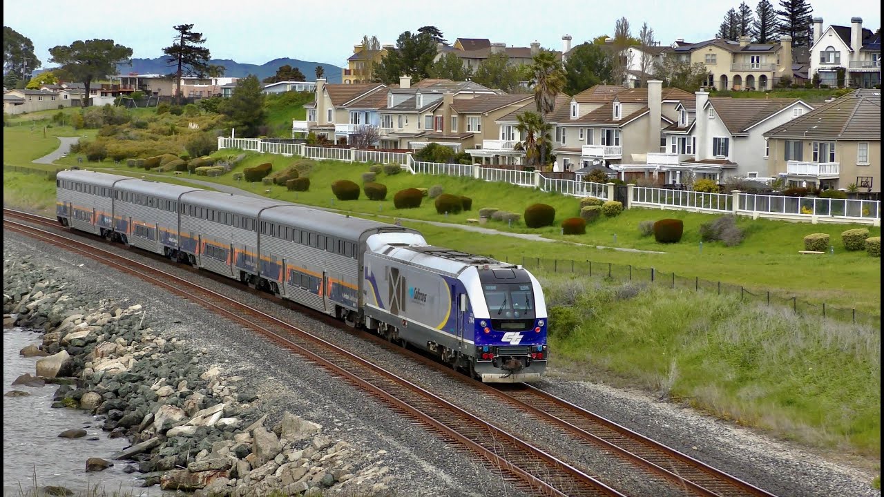 AMTRAK Capitol Corridor Shoved By SC 44 Seen Along San Pablo Bay At amtrak-capitol-corridor-shoved-by-sc-44-seen-along-san-pablo-bay-at