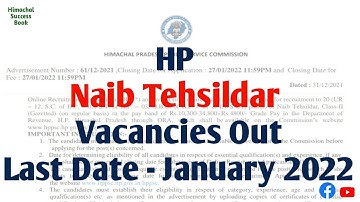 HP Naib Tehsildar 2022 Vacancies Form Released @HIMACHALSUCCESSBOOK