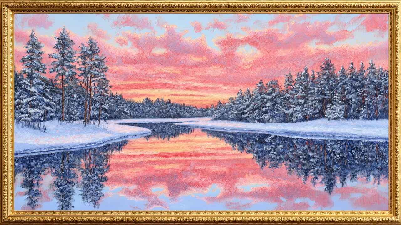Winter Lake Retreat | Vintage Gold Frame | 4K TV Art Screensaver