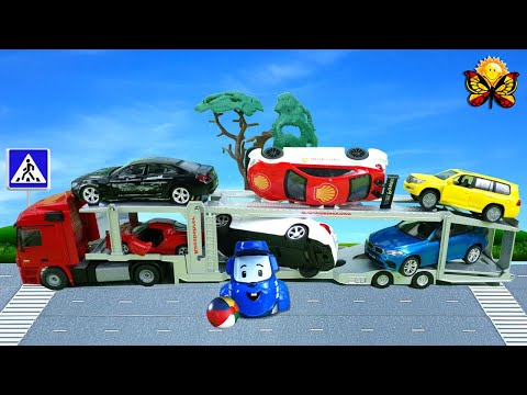 Vídeo para niños sobre coches. Accidente de tráfico. Camión de bomberos y policía corren al rescate