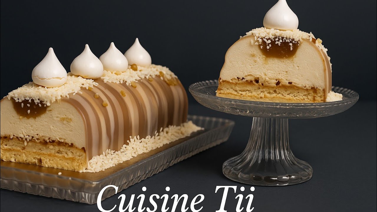 bûche mousse vanille insert caramel beurre salé et croustillant aux cacahuètes caramélisées