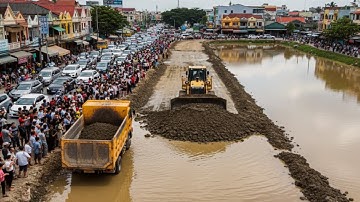 Amazing! Build New Road In Water By Skill Bulldozer Pushing Soil And 5 Ton Dump Truck Unloading Soil