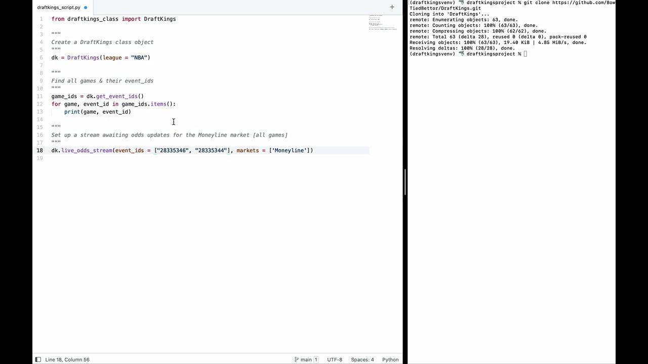 DraftKings live odds web scraper, scraping sports betting websites in