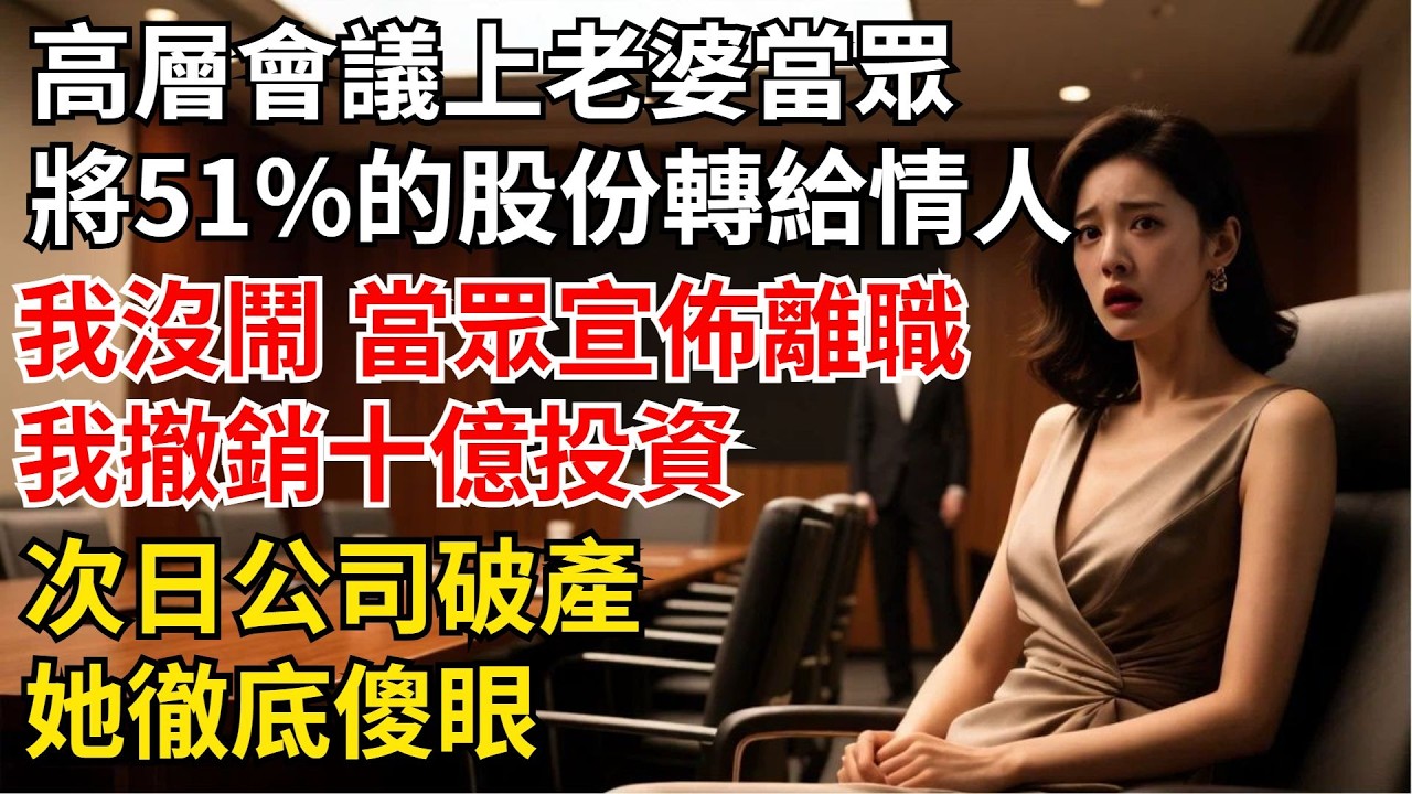 高層會議上，老婆當眾將51%的股份轉給情人，我沒鬧，當眾宣佈離職，辭職當天，我撤銷十億投資，次日公司破產，她徹底傻眼【夜半心聲】#男頻小說#都市#故事#小說#爽文