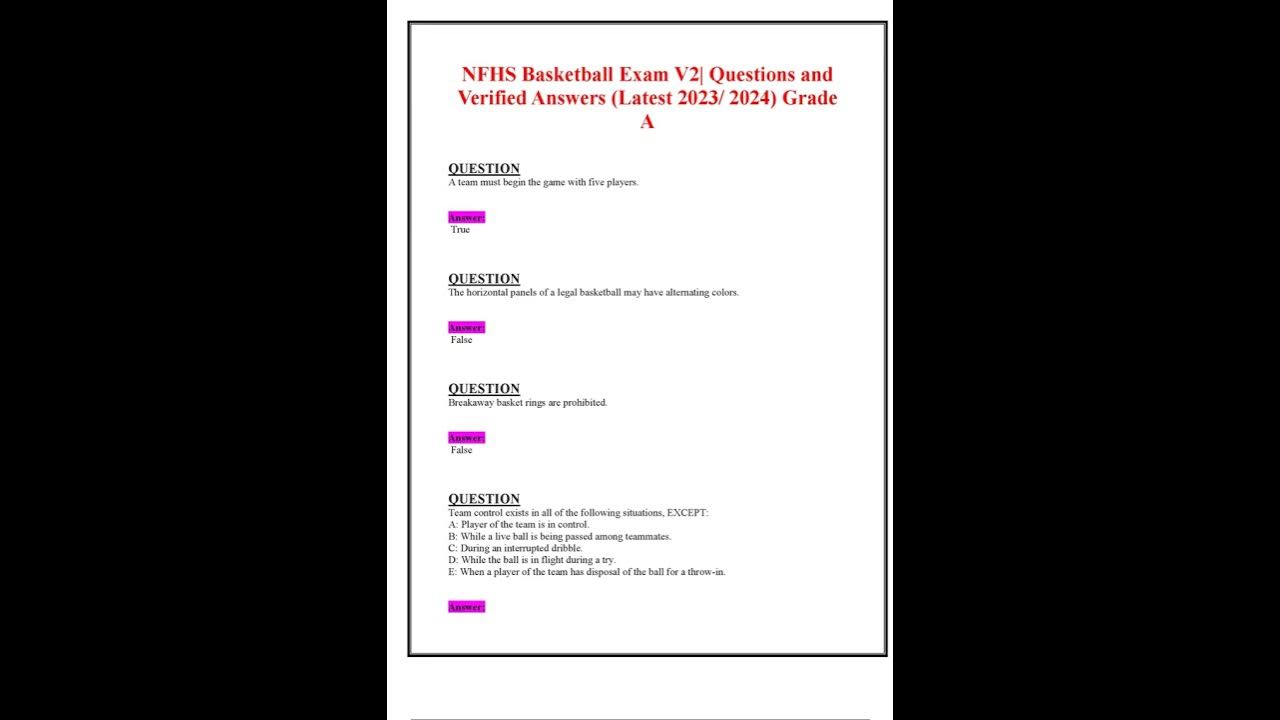 NFHS BASKETBALL EXAM V2 QUESTIONS AND VERIFIED ANSWERS LATEST 2023 2024
