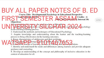 #B.ED FIRST SEMESTER ASSAM UNIVERSITY SILCHAR 2024 #BUY UNIT WISE NOTES #B.edAssamuniversitysilchar