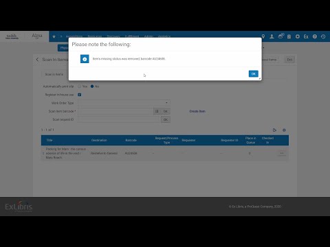 Alma March 2020 Release: Pop-up Messages in the Scan In Interface
