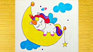 How to draw a cute unicorn \ pony sleeping on moon easy step by step