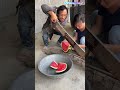 Creative rural scene: Cutting watermelons with hay cutters
