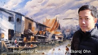 Watercolor Demonstration, Floating market in Pathumthanee, Thailand.