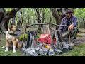 Stuck in the Forest with Juicy Beef Ribs! Building a Hammock from Branches