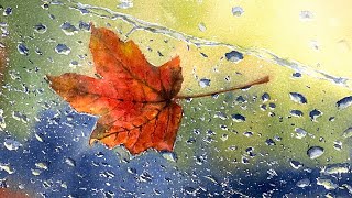 watercolor painting, rain and maple leaf 水彩风景雨滴、枫叶