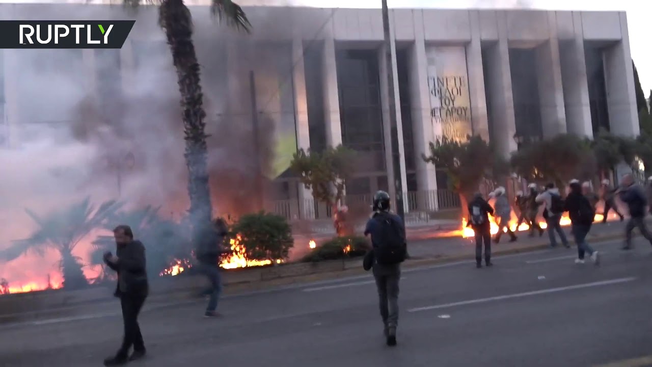 Demonstrations turn VIOLENT outside US Embassy in Athens, Greece.