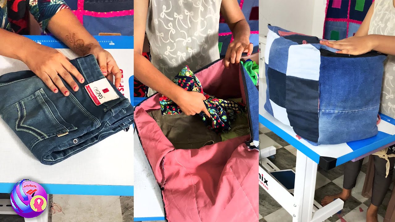 How to sew tutorial large clothe storage bag - old jeans pant reuse ...