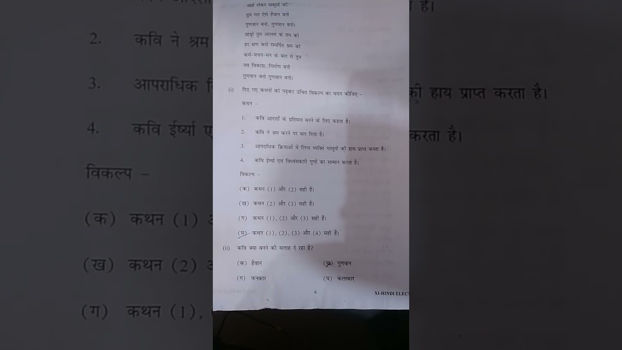 class 11 hindi elective question paper (2023-24) 