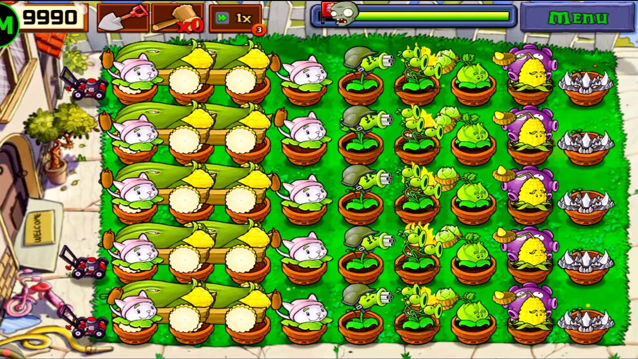 Plants Vs zombies Survival Day Cob Cannon+Gatling Pea+Cattail+Gloom Shroom Vs All Zombies Gameplay 