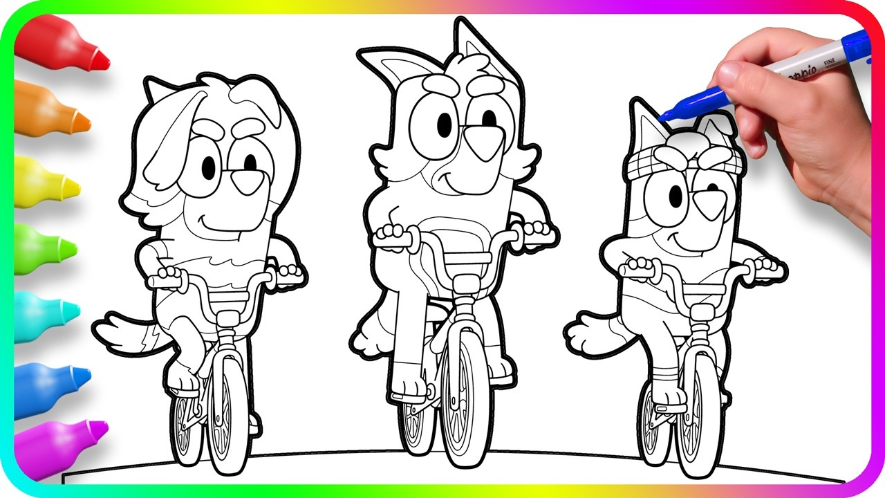 BLUEY Coloring Pages - Bandit Bike Ride. I show you How to color Bandit, Uncle Stripe and Uncle Rad